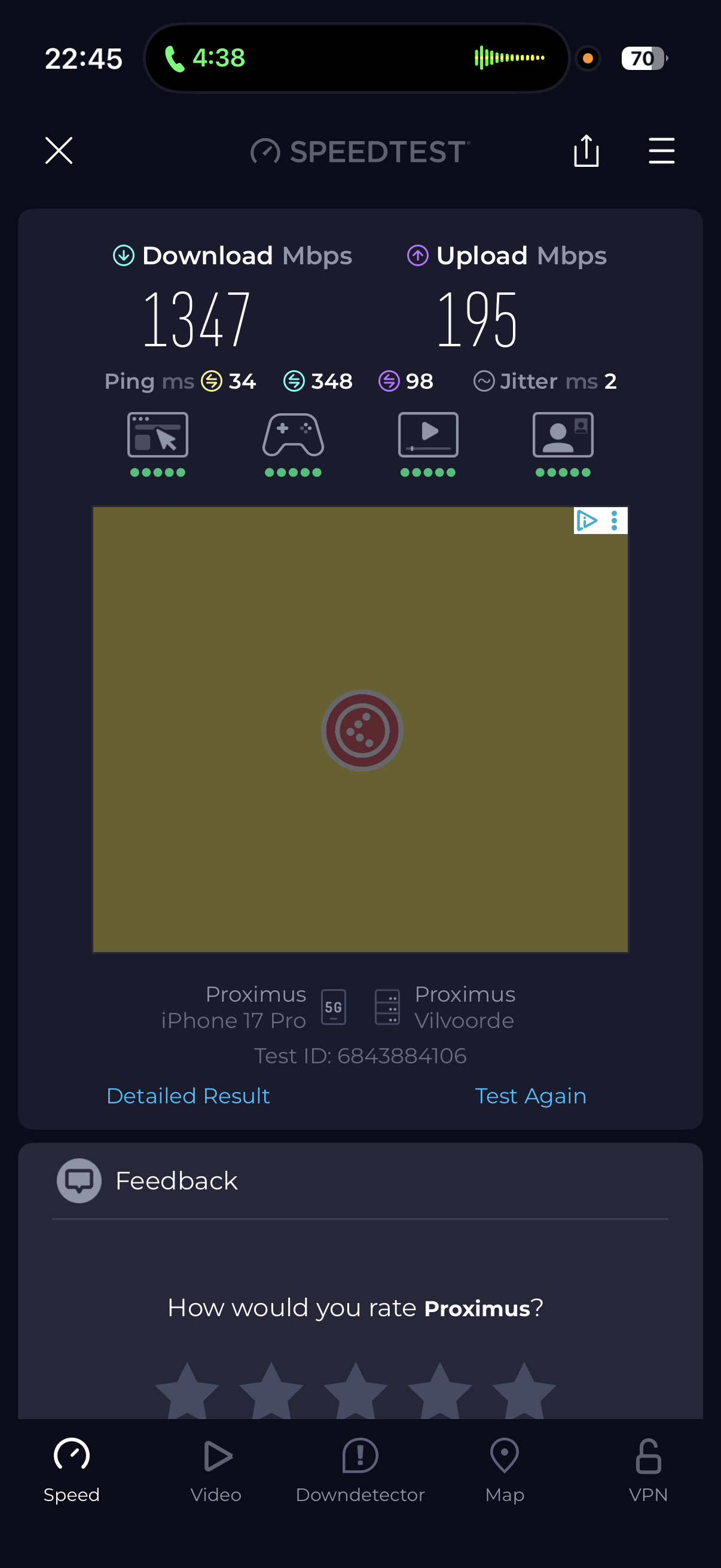 Speedtest showing 1347 Mbps download speed on 5G network